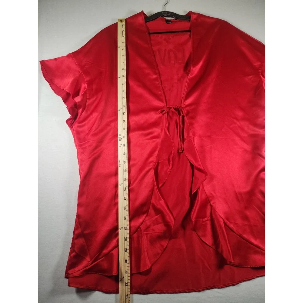 Victoria's Secret Robe Women OS Red Satin Love Heart Kimono Tie Ruffle Valentine